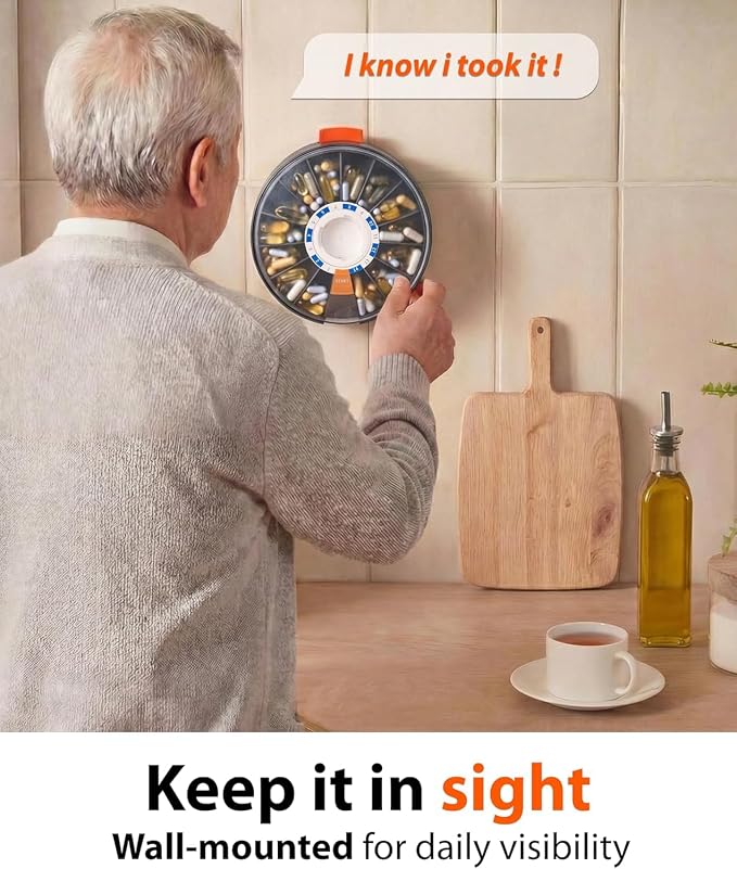 Pill Dispenser 14 Day – Rotating Medicine Organizer Wheel with Push Button, Wall Mounted or Desktop Manual Pill Dispenser for Elderly & Seniors, Large Capacity Vitamin & Medication Organizer