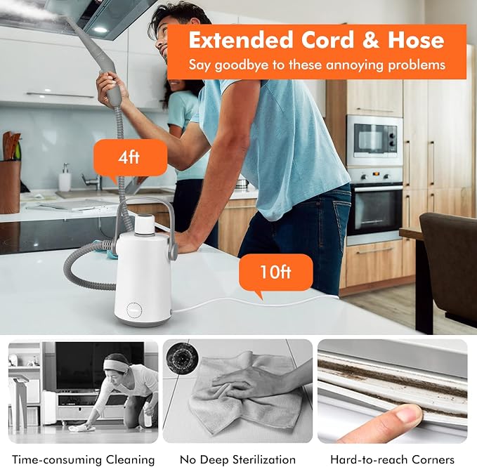 LDAILY Handheld Steam Cleaner, 1000W Portable Pressurized Steamer, Multipurpose Steam Cleaning Machine for Kitchen, Garment, 300ml (10.2oz) Water Tank, 10 Accessories Included, Portable Steamer (Grey)