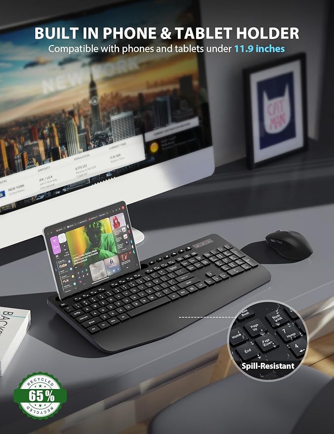 Wireless Keyboard and Mouse Combo - Full-Sized Ergonomic Keyboard with Wrist Rest, Phone Holder, Sleep Mode, 2.4G Quiet Keyboard for PC Laptop, Complete Work Setup for Office or Home -Trueque KM23