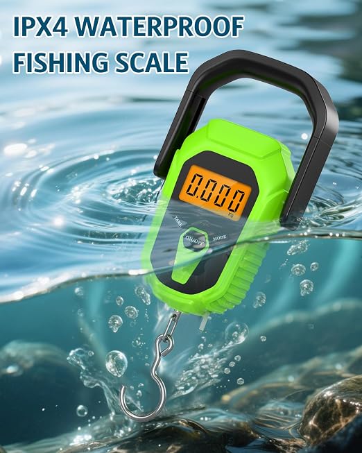 Fish Scale with Lip Gripper, Waterproof Digital Fish Scale, 110lb/50kg Hanging Fish Weight Scale, Portable Luggage Scale with Tape Measure, LCD Backlit, Batteries, for Home Fishing, Green