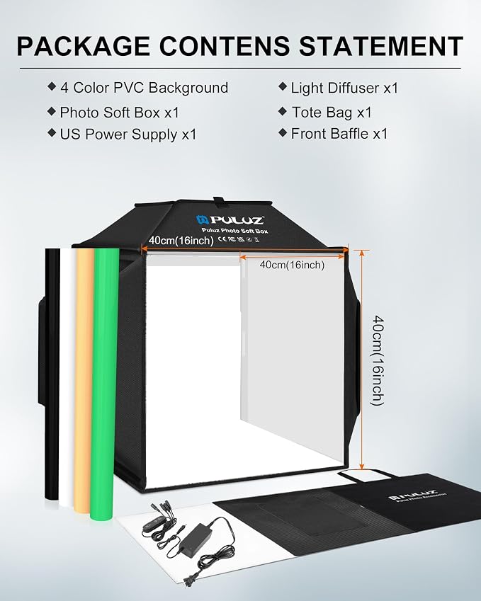 PULUZ Upgrade Light Box & Soft Box, 16"x16" Professional Shooting Tent with 480 LED Lights Photo Studio Light Box Photography with 4 Color PVC Backdrops for Jewelry and Product Photography