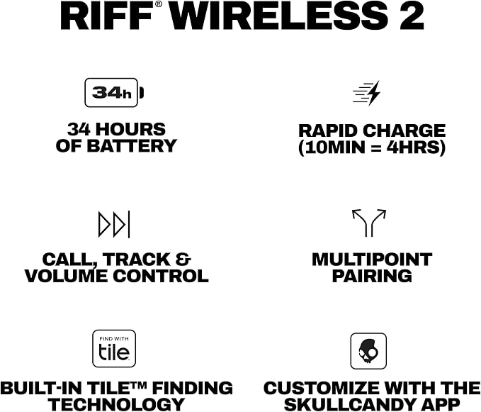 Skullcandy Riff Wireless 2 On-Ear Bluetooth Headphones, Up to 34 Hrs Battery, Foldable Lightweight Design, Convenient for Travel with Included 3.5mm AUX Cable, Microphone for iPhone Android - Black
