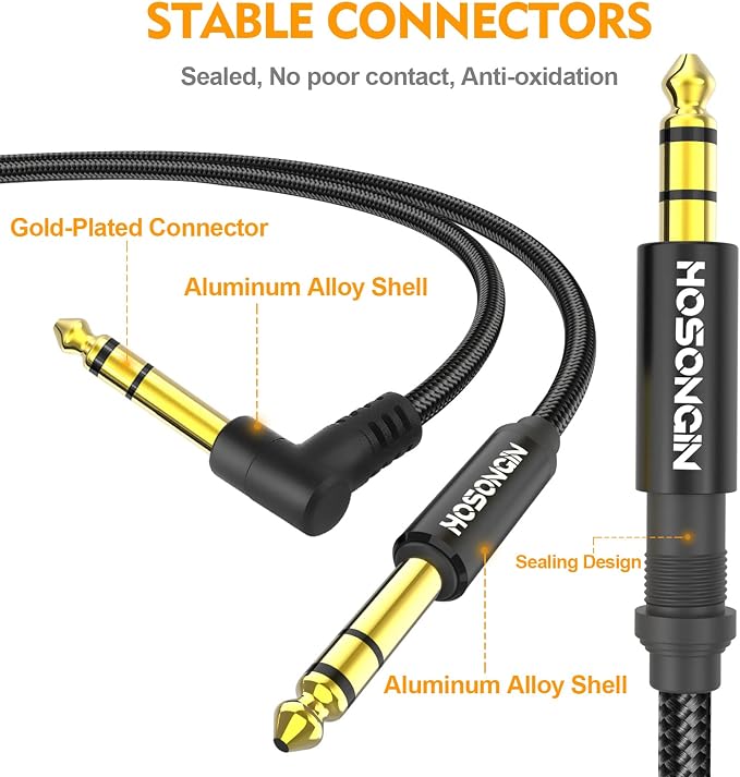 HOSONGIN 1/4 Inch TRS Instrument Cable 3.3 feet 2-Pack, Straight-to-Right Angle 6.35mm Male Stereo Audio Cord, Balanced Interconnect Line for Electric Guitar, Bass, Keyboard, Mixer, Amplifier, Speaker