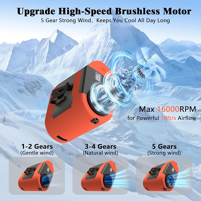 10000mAh Portable Waist Fan, Rechargeable Battery, 40H Max Runtime, 5 Speeds 16000RPM Strong Airflow, Hands-Free Neck Fan, Personal Wearable Shirt Belt Clip Fan for Outdoor, Jobsite, Camping (Orange)