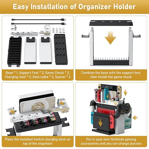 Switch Games Organizer Station with Controller Charger, Charging Dock for Nintendo Switch & OLED Joycons, Switch Mounts, Brackets & Stands for Games, the Legend of Zelda: Tears of the Kingdom Edition
