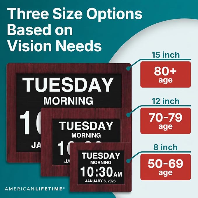 American Lifetime New 2026 Dementia Clock Large Digital Clock for Seniors, Alzeimer Clock Large Display with Custom Alarms, Clock with Day & Date for Elderly, Digital Calendar Mahogany, 15 Inch