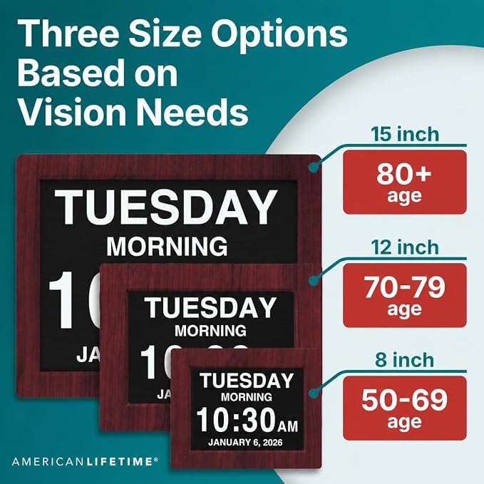 American Lifetime, New Version, Day Clock Extra Large Impaired Vision Digital Clock with Battery Backup and 5 Alarm Options, Premium Mahogany Color, 8 inch