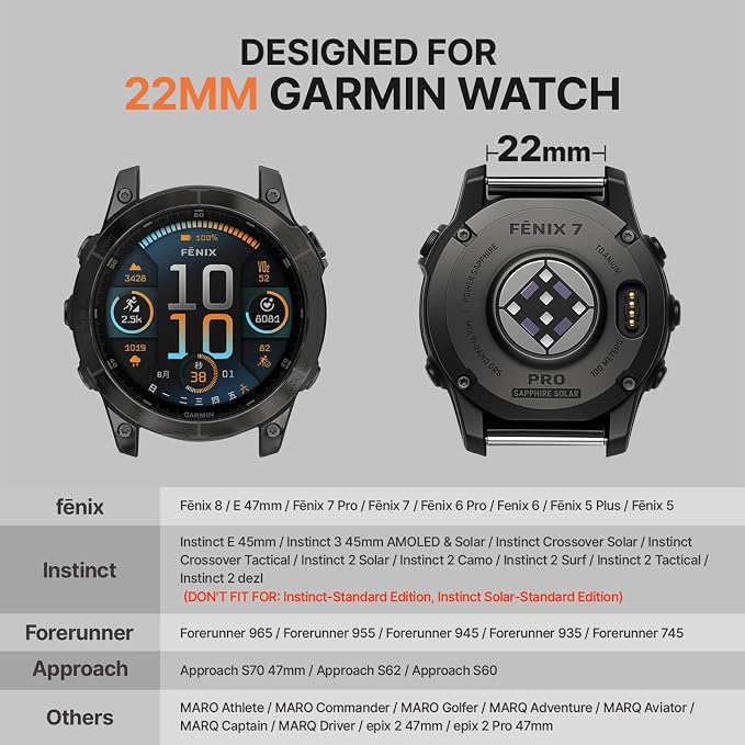 Bandletic Magnetic Silicone Watchband Compatible with Garmin 22mm Quick fit Band - Breathable Soft for Fenix 8 E 47mm/7 6 Pro/5 Plus/Instinct E 45mm /Forerunner 965/955/Approach S70/S62/S60/Epix Pro2