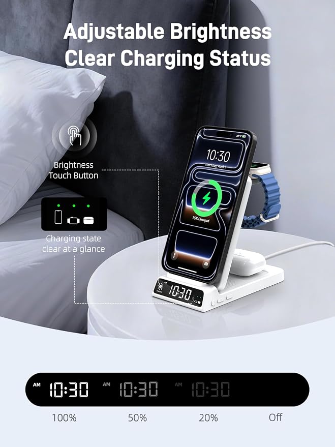 3 in 1 Charging Station for Apple, ELECDOV Magnetic Charger for iPhone, Foldable Wireless Charger with Clock, Travel Watch Charger Stand for iPhone 17/Air/16/15 Series, iWatch 10/AirPods 4 (White)