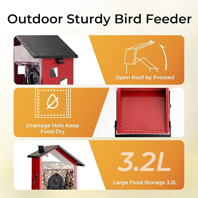 TT Nature Smart Bird Feeder with Camera, Heavy-Duty Chew-Proof Metal Casing, Solar Powered, AI Identify Bird Species & Instant Notifications, 3.2L Large Capacity Bird Watching Gift, Red
