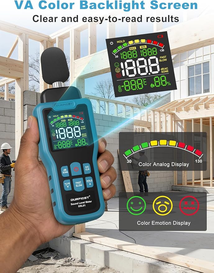 Decibel Meter, DURFICST Sound Level Meter 30-130dB, SPL Meter with Temperature & Humidity, A/C Weighted DB Meter with dB/SONE, Fast/Slow, MAX/MIN, for Home, Office, Factory, Neighbor Noise