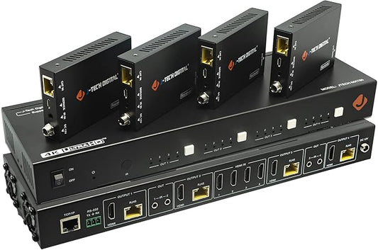 J-Tech Digital HDMI 2.0 4x4 Matrix Switch Switcher Extender HDCP 2.2 4K 60Hz 4:4:4 HDR with 4 PoC Receivers Over Single Cat5e/6 Cable [JTECH-MXT60]