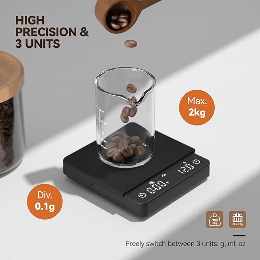 Coffee Scale with Auto Timing, Espresso Scale with Timer, 2kg/0.1g High Precision Scale for Coffee Beans, Black, Rechargeable