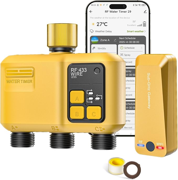 WiFi Water Timer 3 Zone for Garden Hose, Smart Sprinkler Timer with 984ft RF Range, Brass Inlet, APP/Voice Control, Rain Delay, Automatic/Manual Irrigation