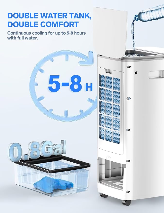 Portable Air Conditioners, 3-IN-1 Evaporative Air Cooler w/ 4 Ice Packs, 3L Water Tank, 7H Timer for Auto-Off, Swamp Coolers Portable Ac with 70° Oscillation,for Room Bedroom Office, White