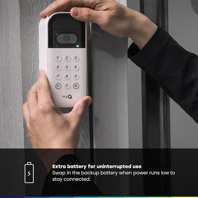 myQ Smart Garage Starter Kit: Garage Door Video Keypad + Rechargeable Battery + Wi-Fi Plug-in 2K Camera, Custom PIN Codes, Wide-Angle Lens, Night Vision, 2-Way Audio, Motion Alerts and App Control
