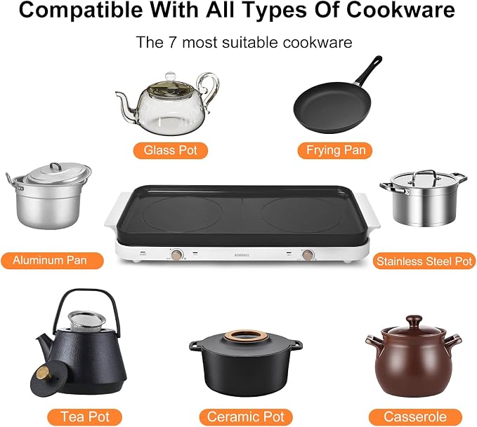 AEWHALE Countertop Double Burners with Removable Griddle Pan Non-stick,1800W Electric Hot Plate Adjustable Temperature