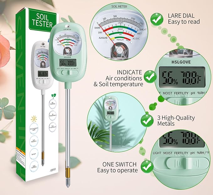 HSLGOVE Soil Test Kit, 7-in-One Soil Moisture Meter/Soil PH Meter/Fertility, Dual Screen Soil Tester w/Digital Soil Temp/Air Temp&Humidity for Plants Gardening,Lawn,Farm Indoor&Outdoor-AppleGreen