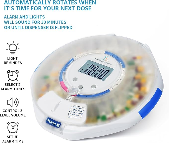 28-Day Bluetooth Automatic Pill Dispenser with Alarm for Elderly, APP/Sound/Light Alerts, Locked Medication Organizer for Seniors, Monthly Timer Dispenser for Vitamins/Prescriptions, Frosted Lid