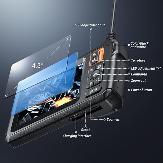 Endoscope Camera with Light, Inspection Borescope Camera with 4.3" IPS Screen, 1920P HD with 8 LED Lights, 32.8FT Semi-Rigid Cord Bore Scope, IP67 Waterproof Endoscope for Sewer, Tools(Orange)