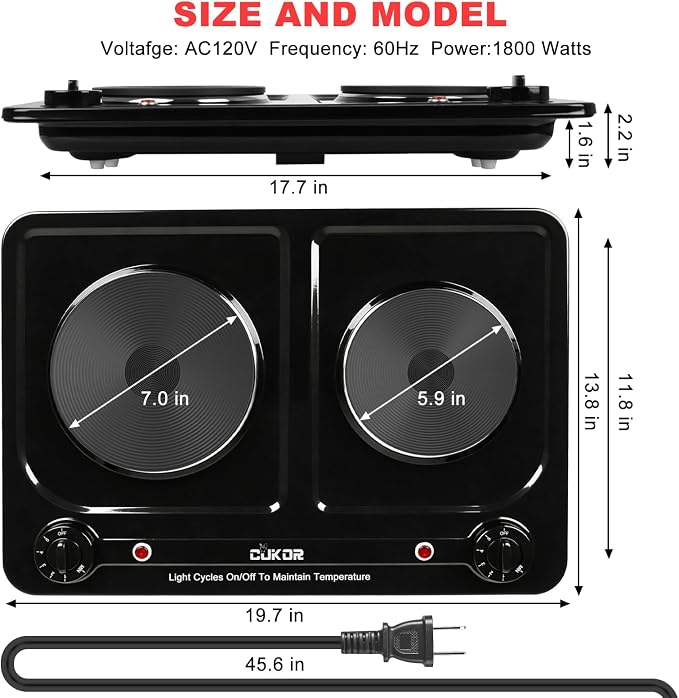 Double Burner Electric Hot Plate, 1800W Cast Iron Heating with Adjustable Temperature Control, Stainless Steel Body for Home, Dorm & Commercial Use