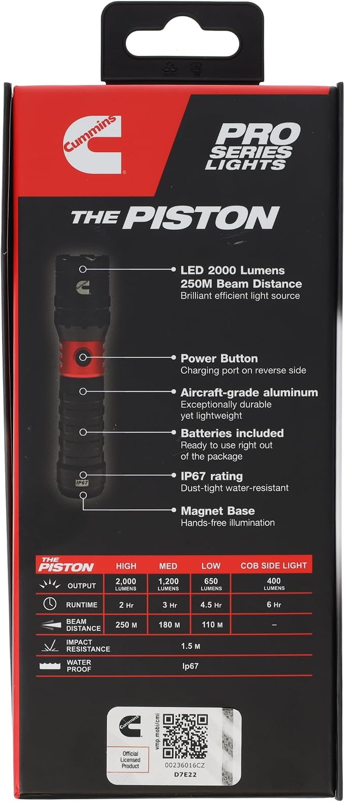 Cummins CMN35360 Pro Series Piston Extendable Rechargeable Flashlight 2000 Lumen LED Multiple Light Modes Plus Power Bank