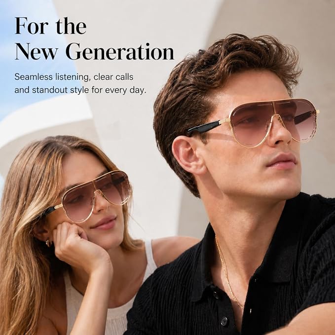 Smart Glasses for Women Men, Open Ear Audio, 7H Playtime, Mic & Speakers | Bluetooth Sunglasses, Touch Control for Sports Driving, Bilateral Power-On, Large Frame, Eye Care for Outdoor