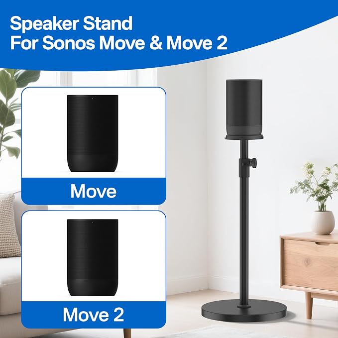 Height-Adjustable Speaker Stand for Sonos Move Stand, Heavy-Duty Floor Stand for Sonos Move & Move 2 with Concealed Power Cord Design, Easy Installation, Black