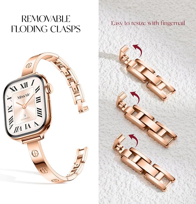Missair Slim Bands Compatible with Apple Watch 38mm 40mm 41mm 42mm 44mm 45mm 46mm 49mm for Women, Thin Bracelet Dressy Designer Stainless Steel Metal Strap for iWatch Series 11 10 9 8 7 6 5 4 SE Ultra