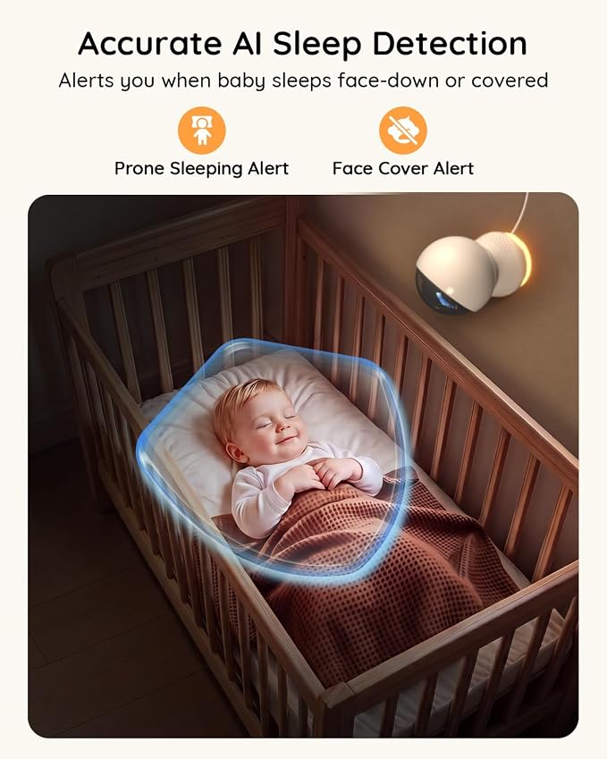 BOIFUN AI Baby Monitor with Camera and Audio, Safety Alerts (Tummy Sleeping & Face Area), WiFi Smartphone APP Control, Colorful Night Light, 2K HD Night Vision, Motion & Cry Detection, Two-Way Talk