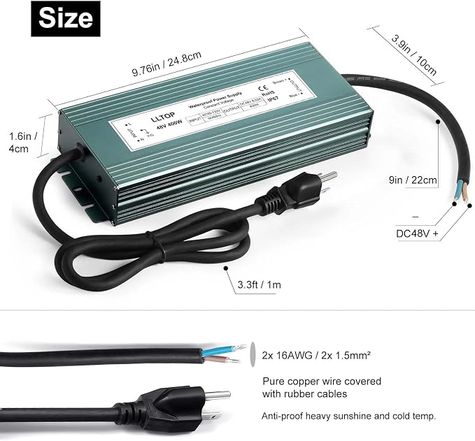 LLTOP 48v DC Power Supply 400w 8.33A Waterproof AC110v/120v to 48vdc Converter Constant Voltage Outdoor Transformer for Pump Humidifier LED Lights
