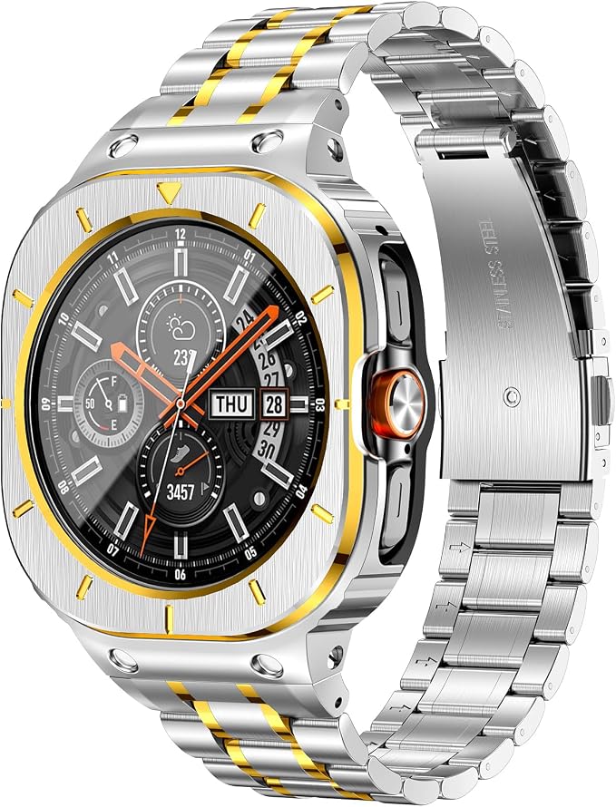 BAITEYOU Stainless Steel Bands with Case Compatible with Samsung Galaxy Watch Ultra 2/1 47mm (2025 2024), Rugged Protector Cover Metal Band for Galaxy Watch 7 8 Ultra for Men (Silver & Gold)