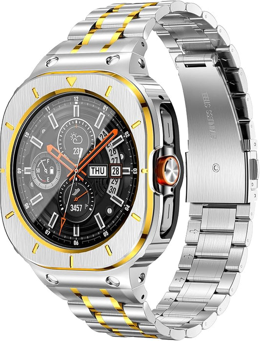 BAITEYOU Stainless Steel Bands with Case Compatible with Samsung Galaxy Watch Ultra 2/1 47mm (2025 2024), Rugged Protector Cover Metal Band for Galaxy Watch 7 8 Ultra for Men (Silver & Gold)