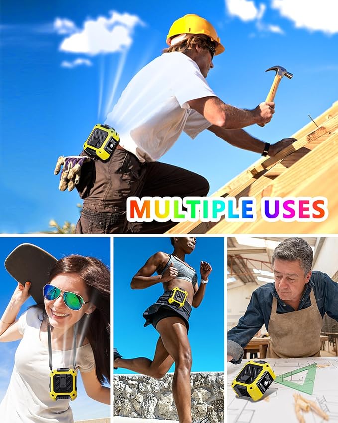 2025 AI Portable Waist Fan 10000 mAh Rechargeable with LED Display & 40H Runtime,5 Speed 16000RPM Cooling Personal Clip Fan,35ft/s Wind Speed Neck Fan for Outdoor Work,Jobsite,Camping,Yellow
