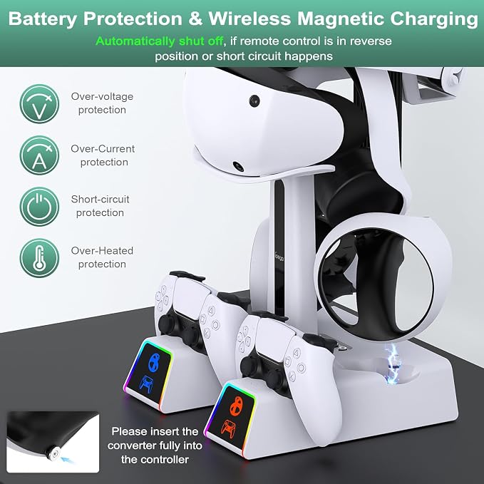 RGB Controller Charging Station for PS VR2 / PS5 / PS5 Edge with 5V/3A Adapter & 10 Led Light, Wireless Controller Charger Dock for PlayStation 5, Charging Stand with VR2 Headset Holder
