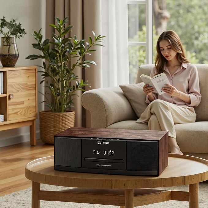 JA-318 CD Player Stereo System for Home, 36W RMS HiFi Bluetooth 5.3 CD Player with Speakers, FM Radio 40 Presets, USB/AUX Playback, LED Clock & Alarm, IR Remote Control, Vintage Wooden Design