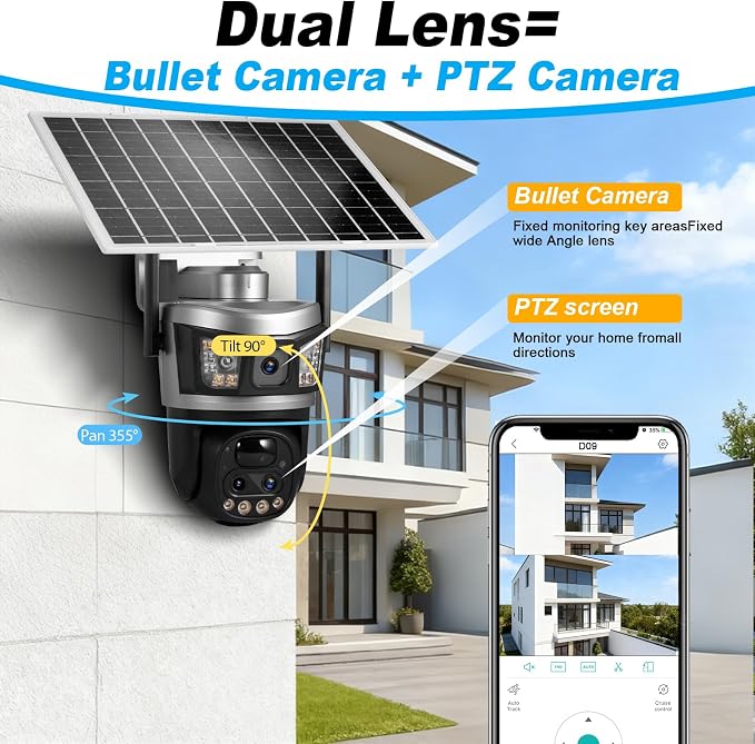 6MP Dual Lens Solar Security Cameras, Wireless Outdoor WiFi Security Camera, 360° View Pan, Two-Way Audio, Motion Detection, Color Night Vision, Waterproof IP66 with 64G SD Storage