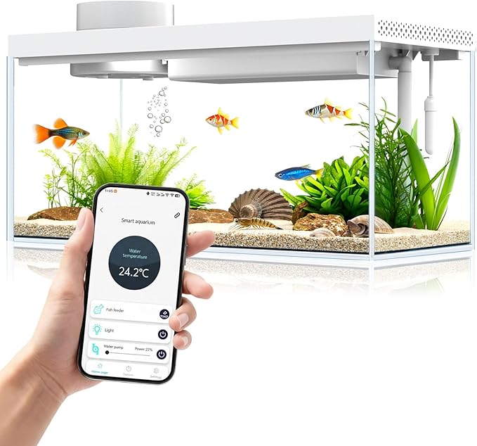 Smart Desktop Aquarium Kit with App Control - 1.3 Gal Small Fish Tank with Automatic Feeder, HD Glass, RGB Lighting, & Temperature Monitor - Self-Cleaning Filtration System for Betta, Guppy