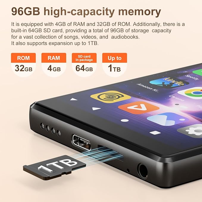 SWOFY 96GB MP3 Player with Bluetooth and WiFi- D26 5" HD Full Touch Screen MP3 Player with Spotify, Amazon Music,YouTube,Pandora,Libby,Android MP4 Music Player for Kids