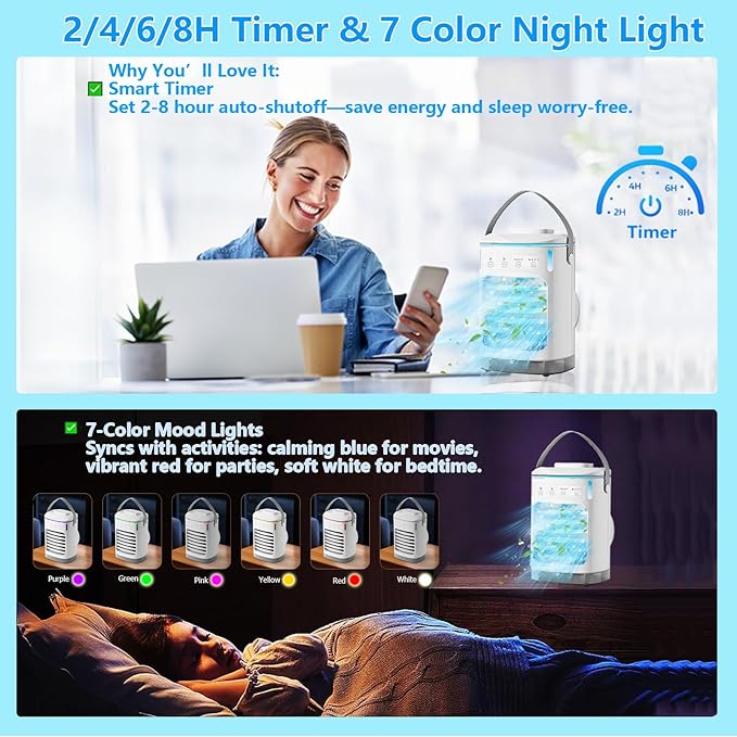 Portable Air Conditioners, SMLEGFT Evaporative Air Cooler with 7 Color Light & 900ml Large Tank, 3 Speeds & 2/4/6/8H Timer, Dual Mist Spray & Dual Icebox, Personal Air Conditioner for Bedroom Office