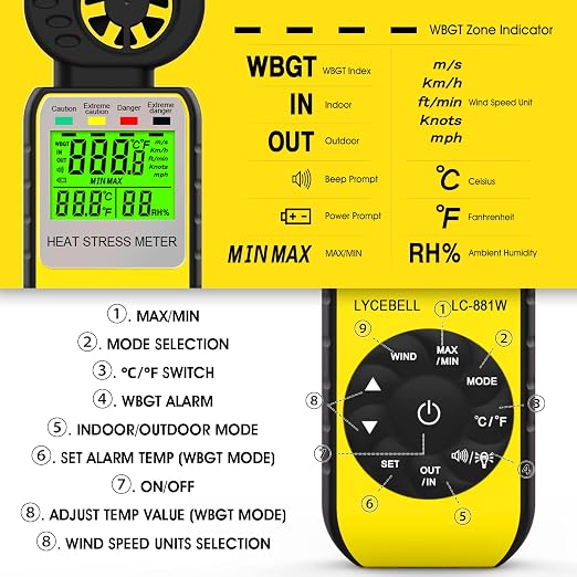 Anemometer & WBGT Heat Stress Meter, Digital Handheld Wind Meter Measures Wind Speed, Wet Bulb Globe Temperature, Humidity, Wind Temp, Outdoor Heat Index Monitor with WBGT Alarm, HVAC Wind Gauge 881W