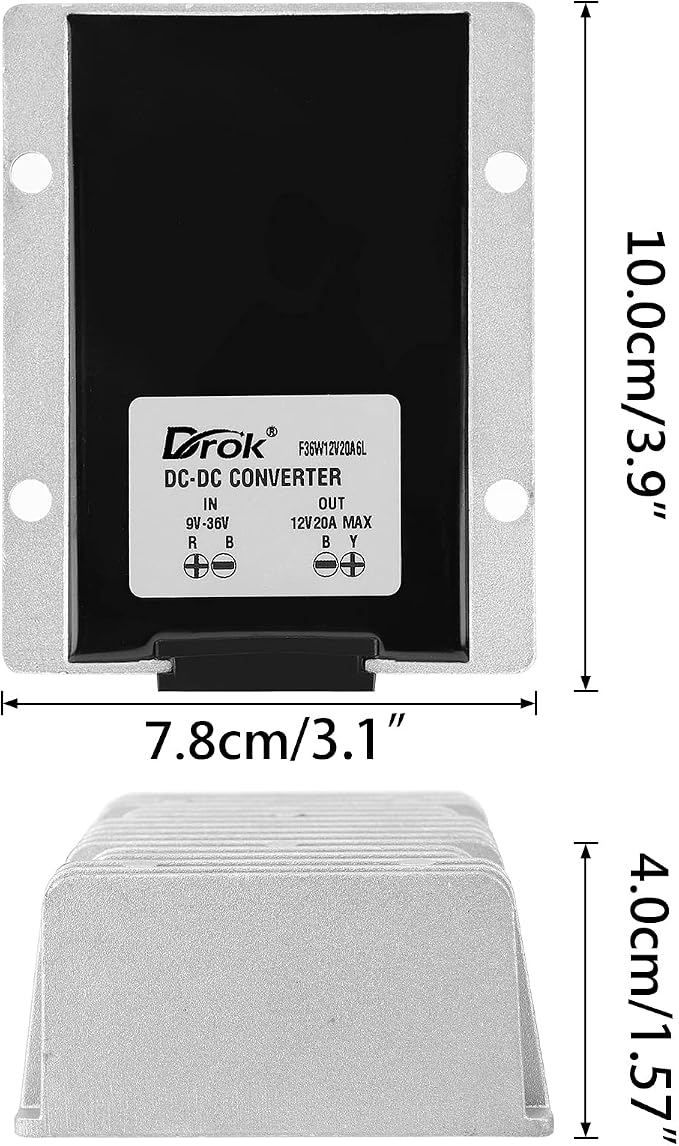 DROK Boost Buck Converter 9V-36V to 12V 20A 240W Aluminium Shell Waterproof Auto Step Up Down Voltage Regulator 12V Volt Transformer for Car Audio Solar Power System LCD Television LED Display Screen