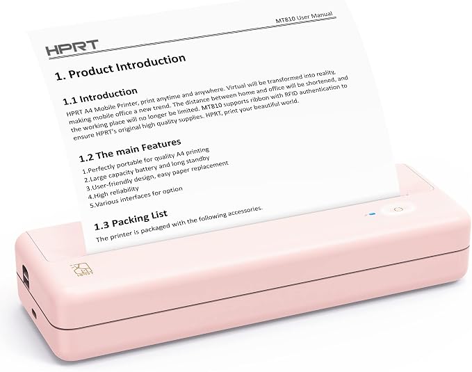 HPRT Bluetooth Wireless Printers MT810 for Portable Travel - Thermal Inkless Home Use Compact Printer - Paper Rolls Mobile Printing for Car & Office