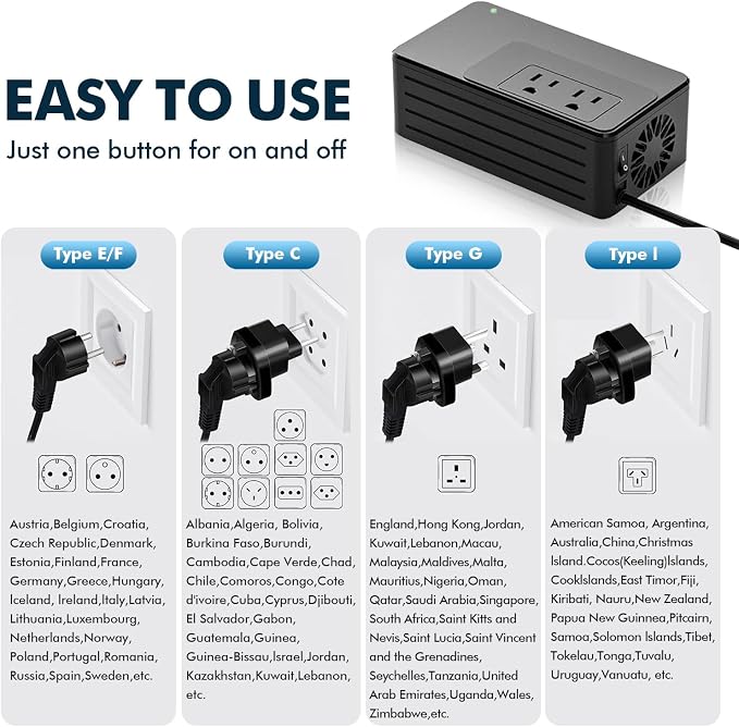 1600W 220V to 110V Voltage Converter, Power Any American Appliances in 220-250V, No Limitations, Plug & Play, Universal Power Adapter Voltage Converter US to Europe International Travel