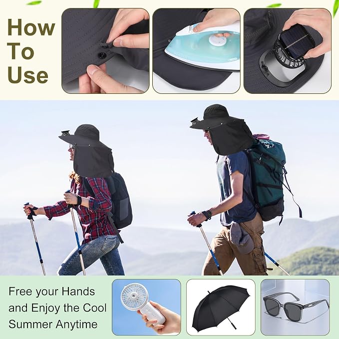 Maiteenly 2 Pcs Solar Fan Hat for Men with Neck Flap Bucket Fan Buit in Hats for Hiking Fishing Outdoor USB and Solar Powered