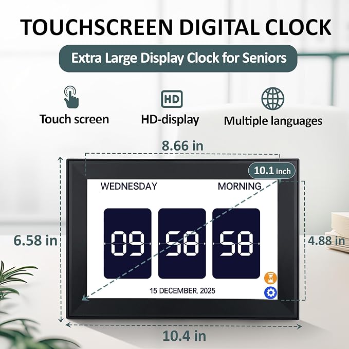 10.1" Touchscreen Digital Clock Large Display, Dementia Clocks for Seniors Custom 64 Alarms and Reminders, Auto DST, Auto-Dimming, Digital Alarm Clock with Day and Date for Elderly(Black)