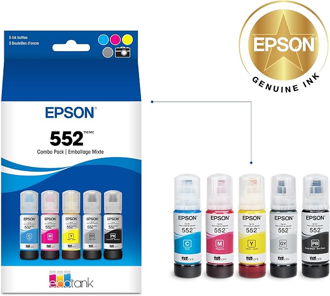 EPSON 552 EcoTank Ink Ultra-high Capacity Bottle Five Color Combo Pack (T552920-S) Works with ET-8500, 8550