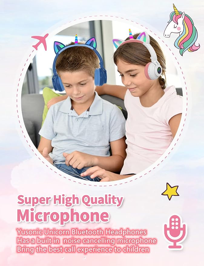 Unicorn Kids Headphones for Girls, Unicorn Bluetooth Headphones Foldable for Girls Toddlers Tablet/pad/Amazon fire,Light Up Kids Wireless Headphone Birthday Gifts (White Pink)