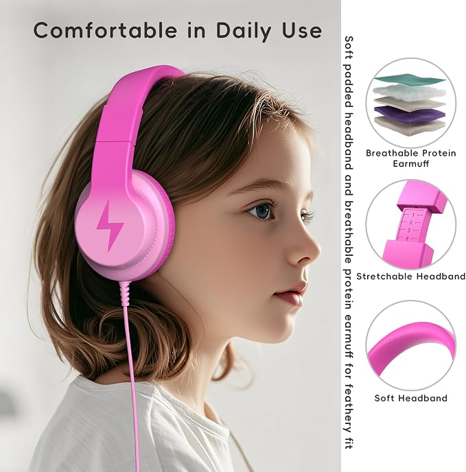 Candy Bila Kids Headphones, Wired Headphones for Kids Over Ear with Microphone, Foldable Headphone for Learning & Entertainment, Gradient Deep Pink