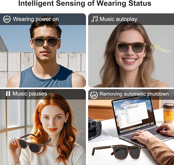 Smart Glasses for Men Women, Open-Ear Audio Bluetooth Glasses, Auto On/Off Sensor, Built-in Mic & Speakers, Voice Assistant, UV Protection Polarized Smart Sunglasses for Outdoor - Brown